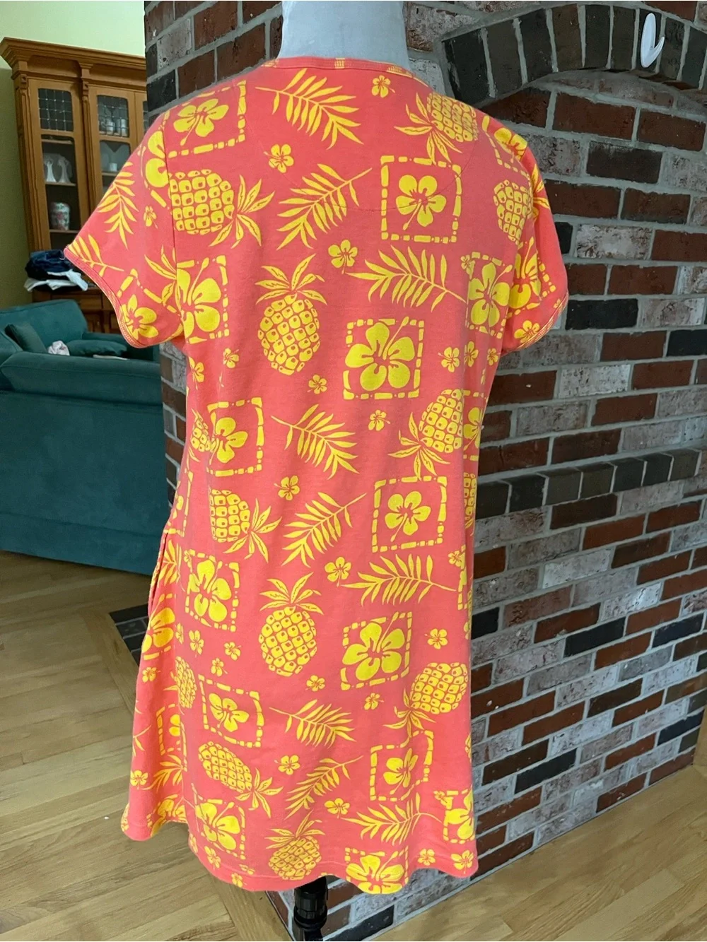 CALYPSO Orange Yellow Pineapple Tropical Print Short Sleeve Cotton Dress M NWOT